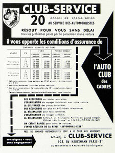 1957 Ad L'Auto Club Des Cadres Club-Service Car Insurance Automobile VEN1
