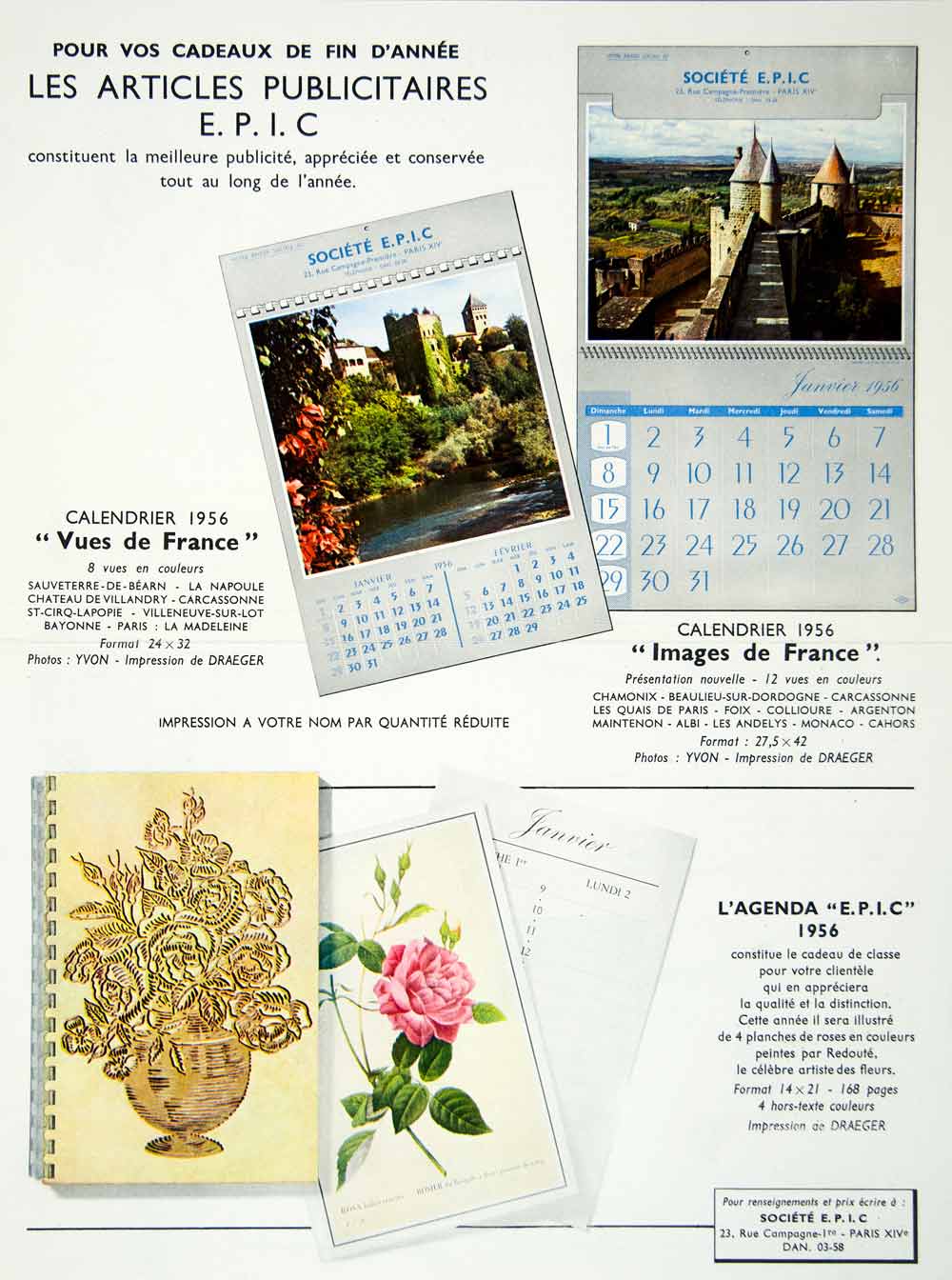 1957 Ad EPIC Calendar French Agenda Street Map Gift Card Stationary VEN1
