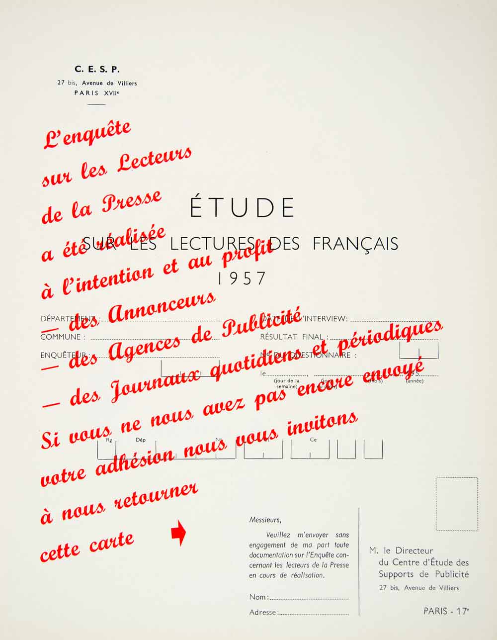 1958 Ad Centre D'Etude Supports Publicite CESPLeonard Danel LPFL Printers VEN1