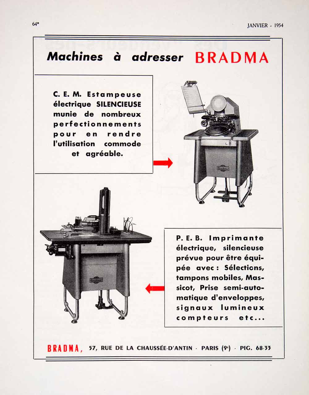 1955 Ad Bradma French Machine Paris France Advertisement Rue de la Chaussee VEN2