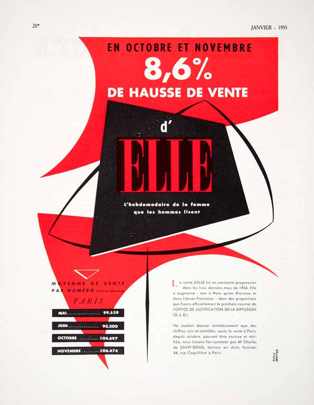 1955 Ad Paris France Saint-Denis French Advertisement d'Elle Roland Walter VEN2