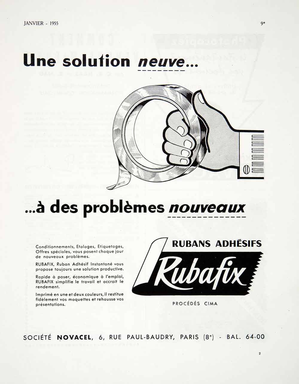 1955 Ad French Advertisement Rubafix Adhesive Tape Novacel Rue Paul-Baudry VEN2