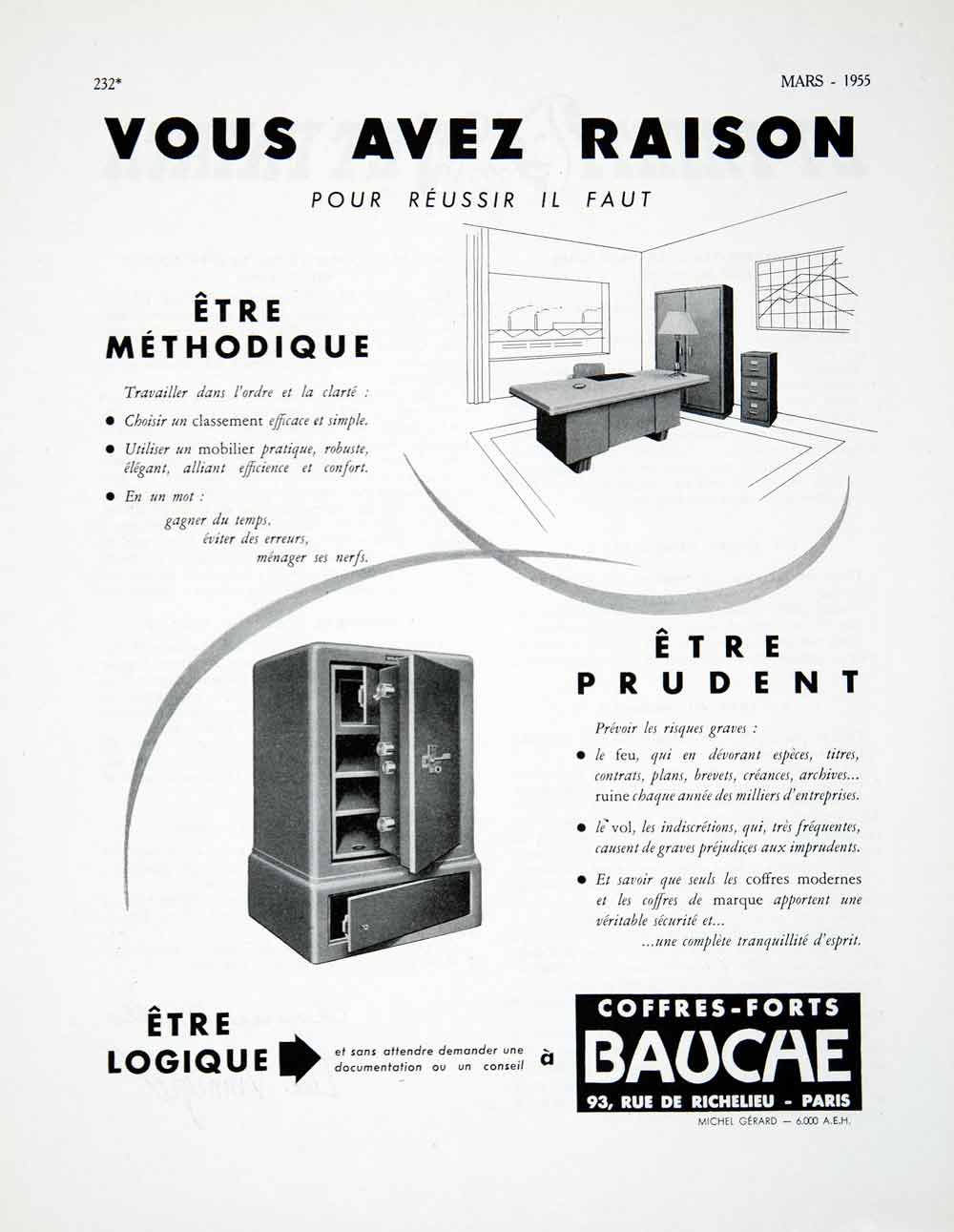 1955 Ad Safe Bauche Rue de Richelieu Paris France French Advertisement VEN2