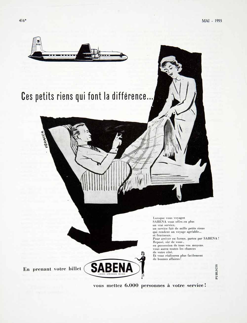 1955 Ad Sabena Airline Airplane Vernier French Advertisement Flight Travel VEN2