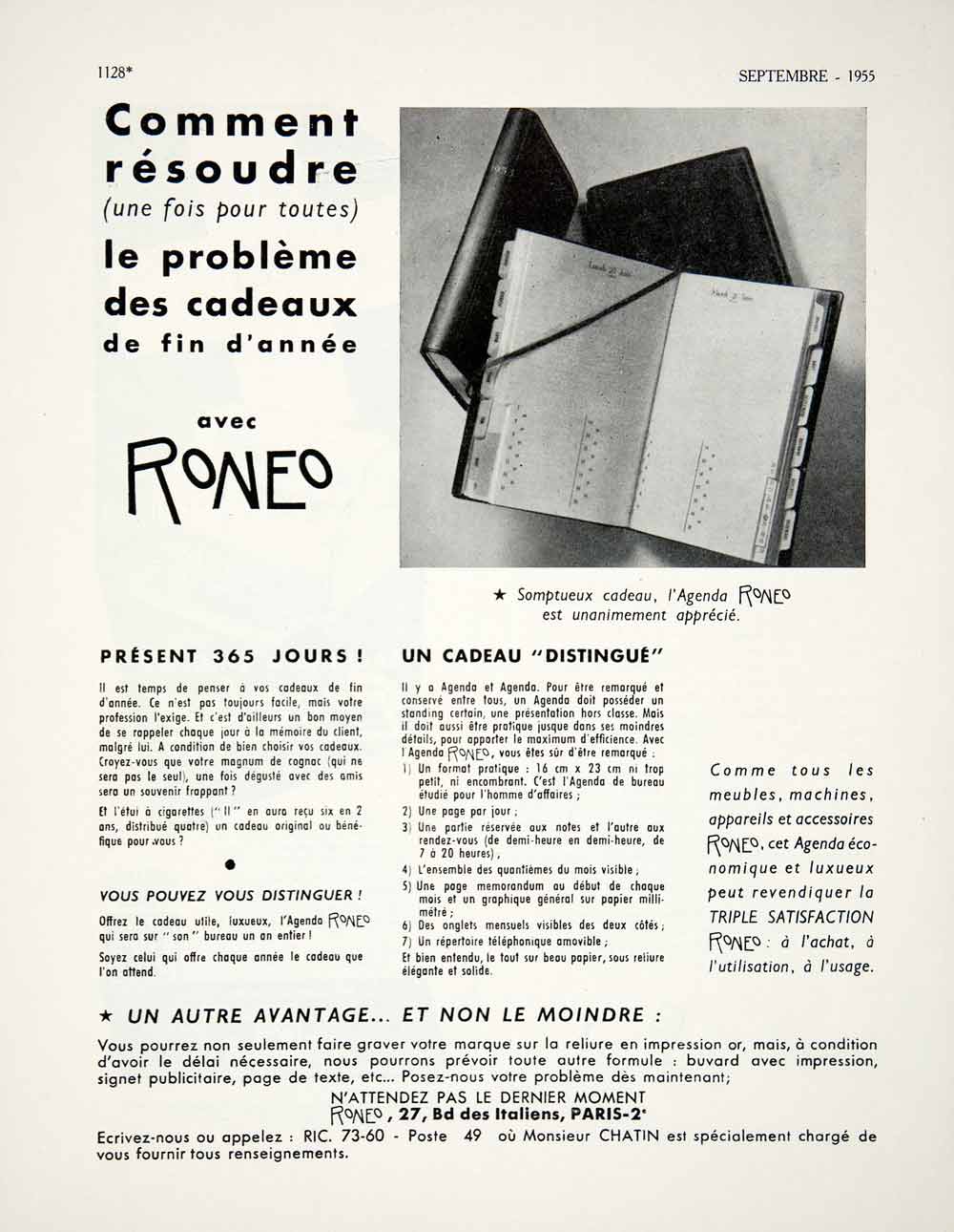 1955 Ad Roneo French Advertisement Planner Daily Notebook Present Paris VEN2