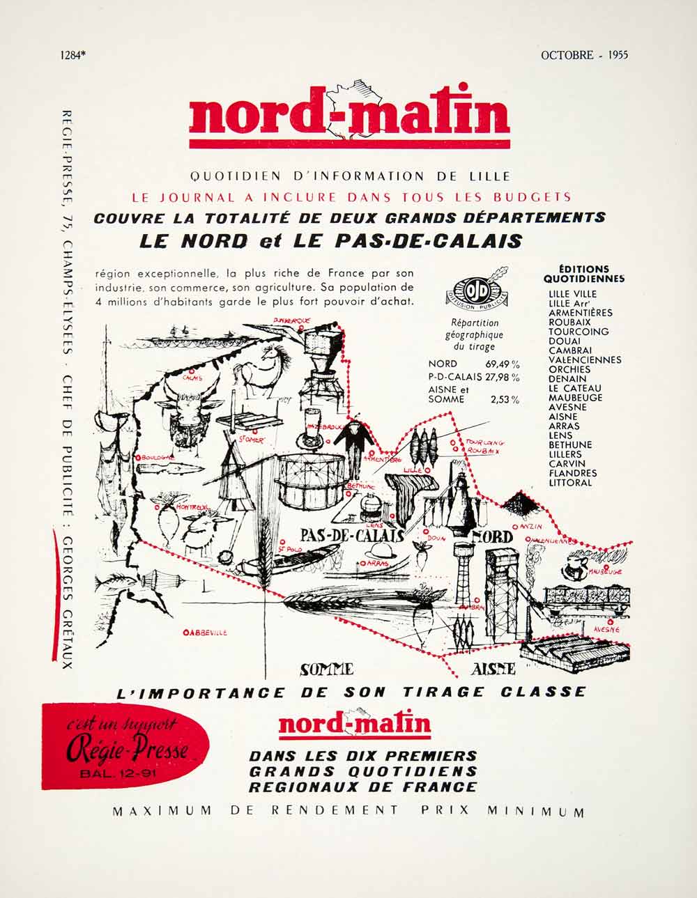 1955 Ad Nord-Matin Regie-Presse Newspaper Pas-de-Calais Somme France French VEN2