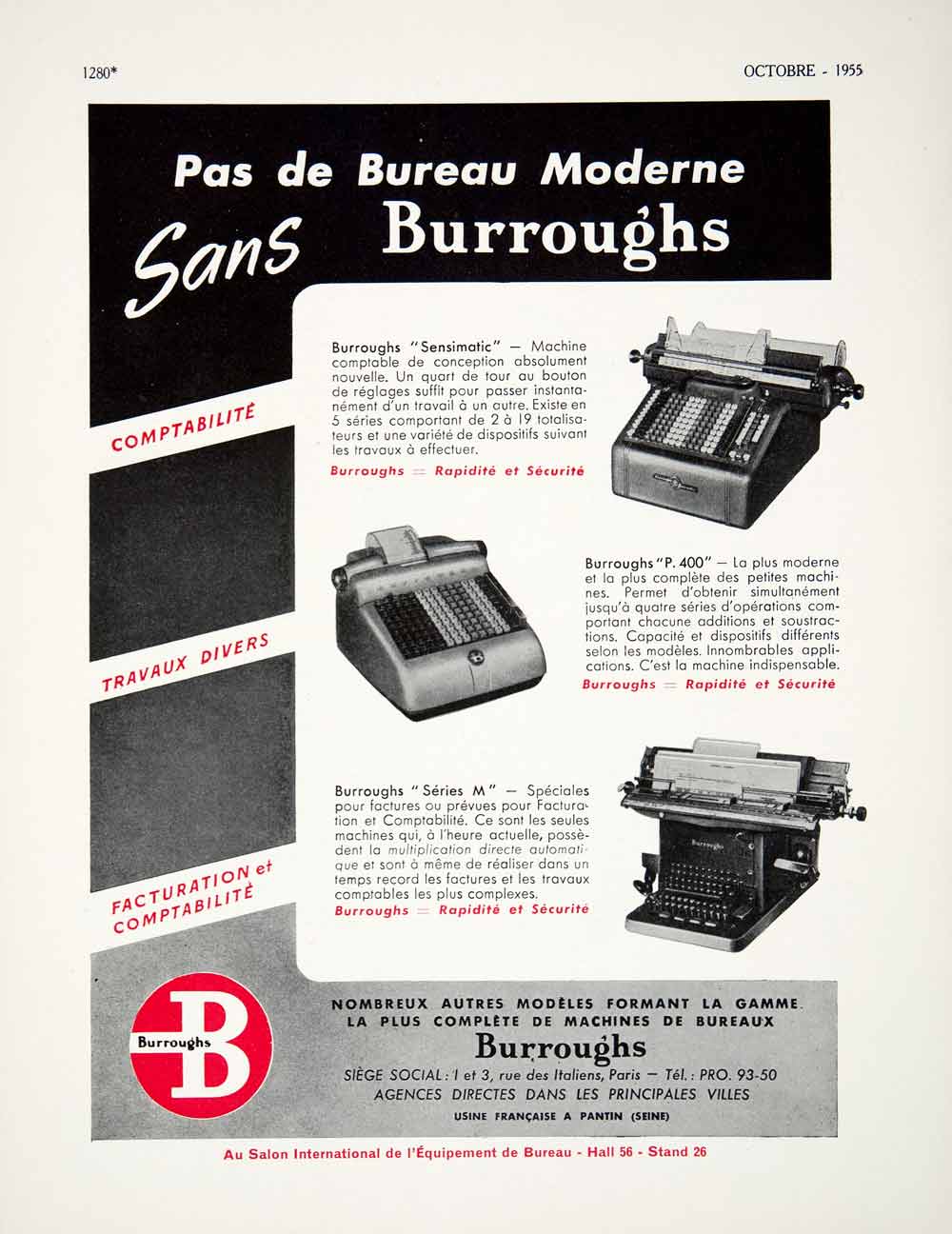 1955 Ad Burroughs Typewriter Calculator Machine French Advertisement VEN2