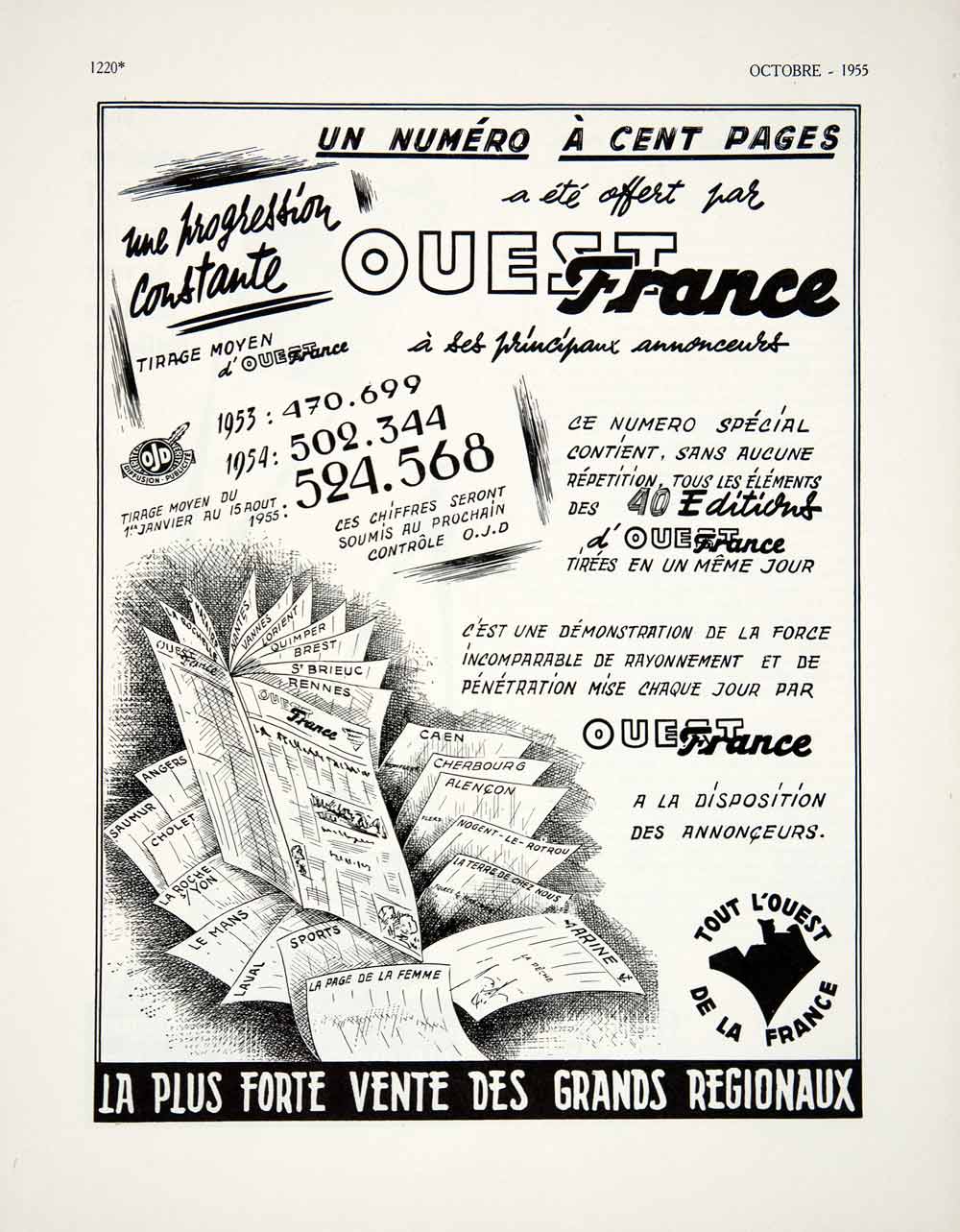 1955 Ad Ouest France Newspaper Paper French Advertising Cherbourg Caen VEN2