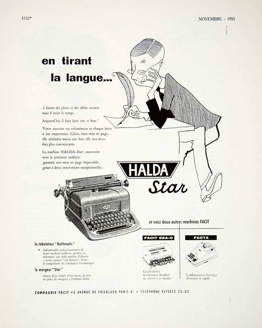 1955 Ad Compagnie Facit Paris France French Halda Star Machine Typewriter VEN2