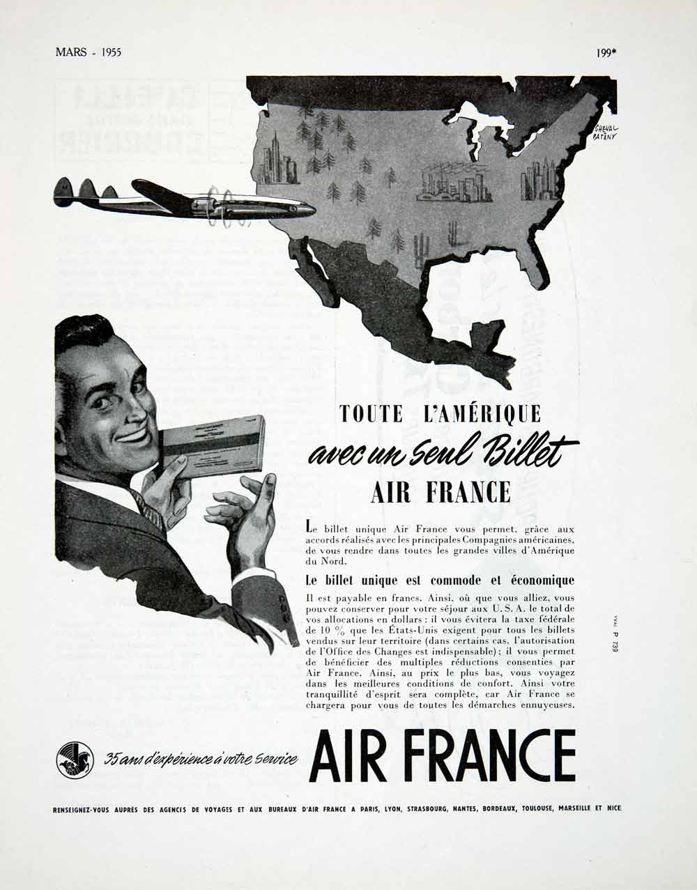 1955 Ad Air France Airplane Flight Ticket French Advertising Cheval Batany VEN2