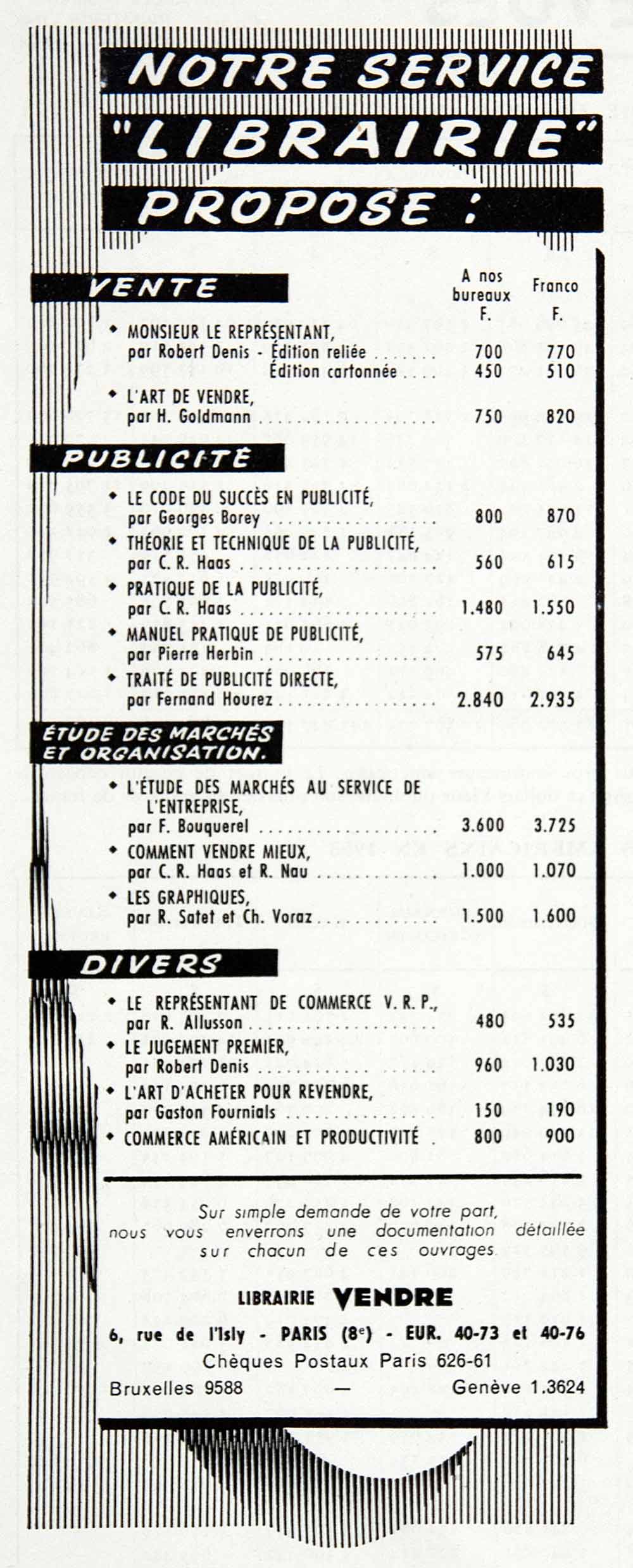 1955 Ad Librairie Vendre Library Borey Goldmann Bouquerel French VEN2