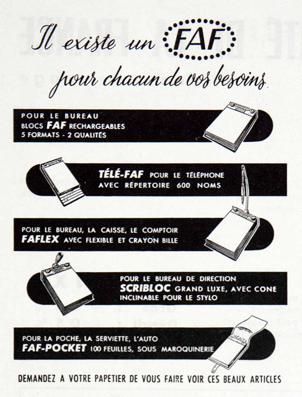 1955 Ad FAF Notepad Office Supplies French Advertisement Pocket Journal VEN2