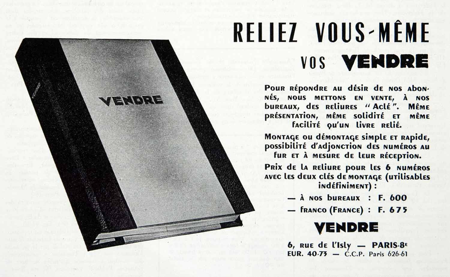 1955 Ad Vendre Magazine Book Rue de l'Isly Paris France French VEN2