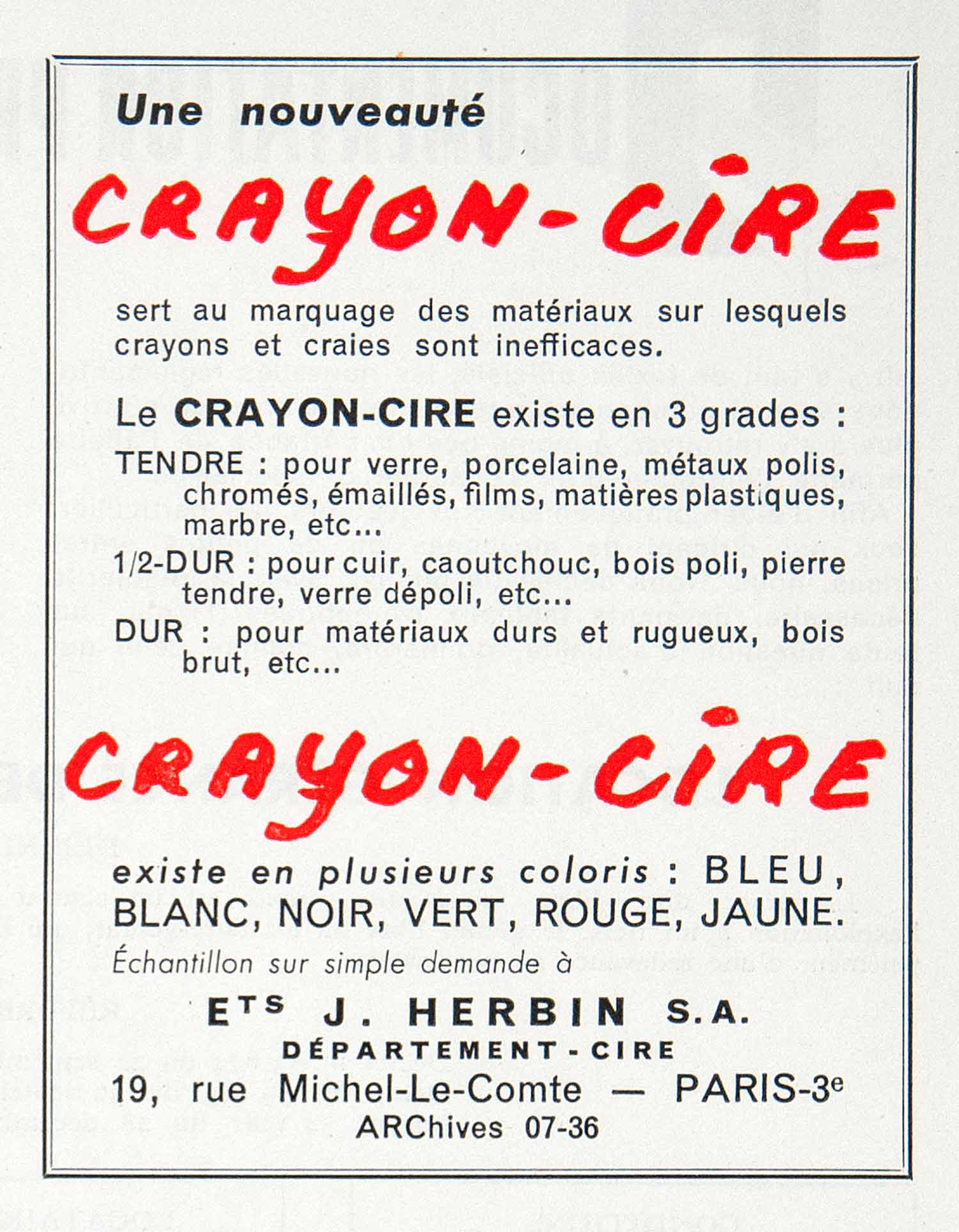 1955 Ad J. Herbin Crayon-Cire Wax Pencil Colored French Writing Utensil VEN2