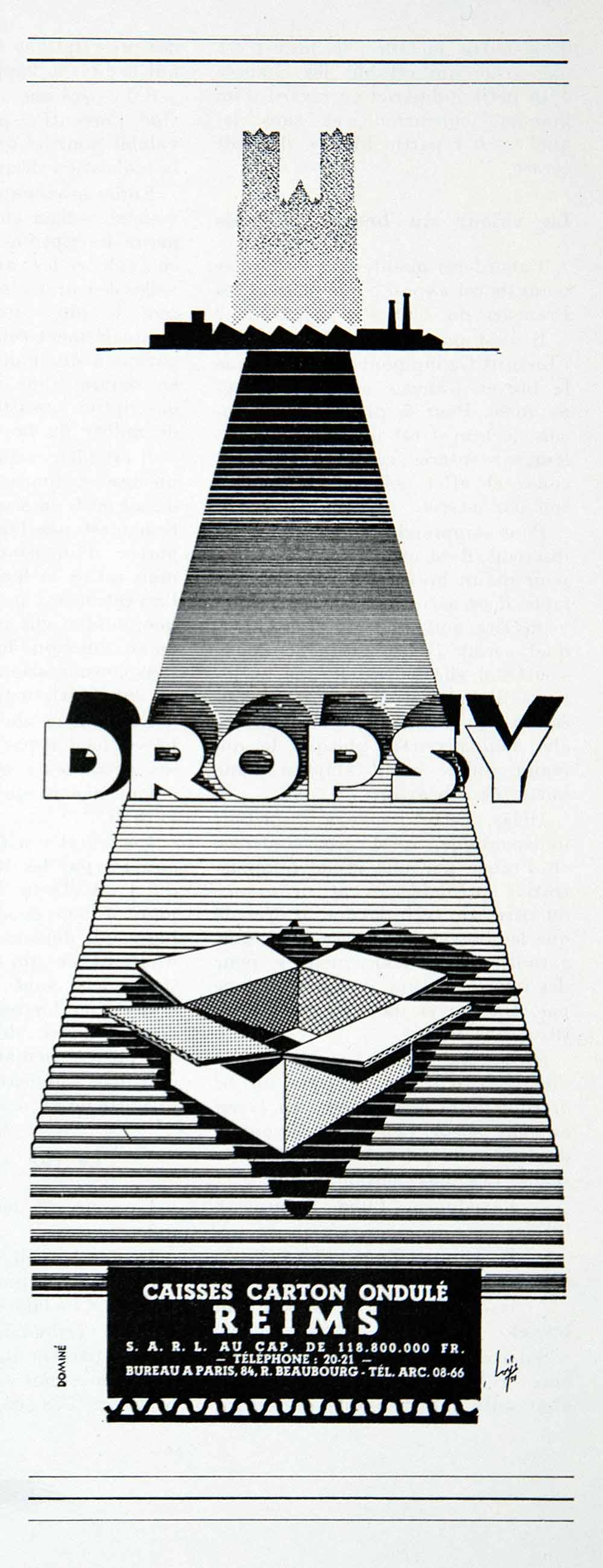 1955 Ad Dropsy Corrugated Cardboard Boxes French Storage Packaging Reims VEN2