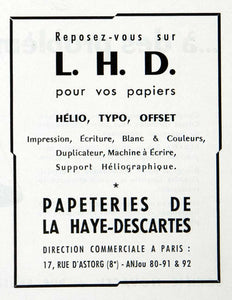 1955 Ad La Haye-Descartes Paper Mill Manufacturers French Writing Print VEN2