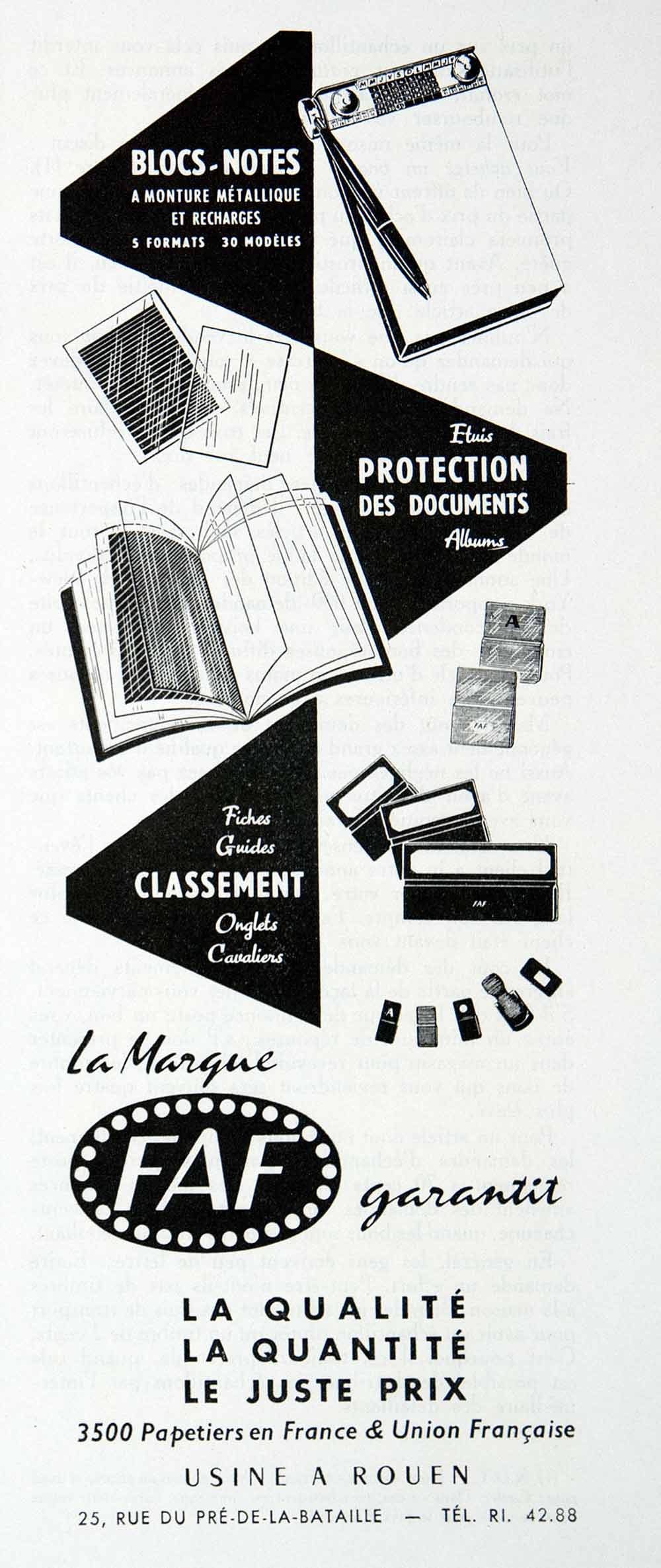 1955 Ad FAF Notebook Paper Document French Advertisement Pre-de-la-Bataille VEN2