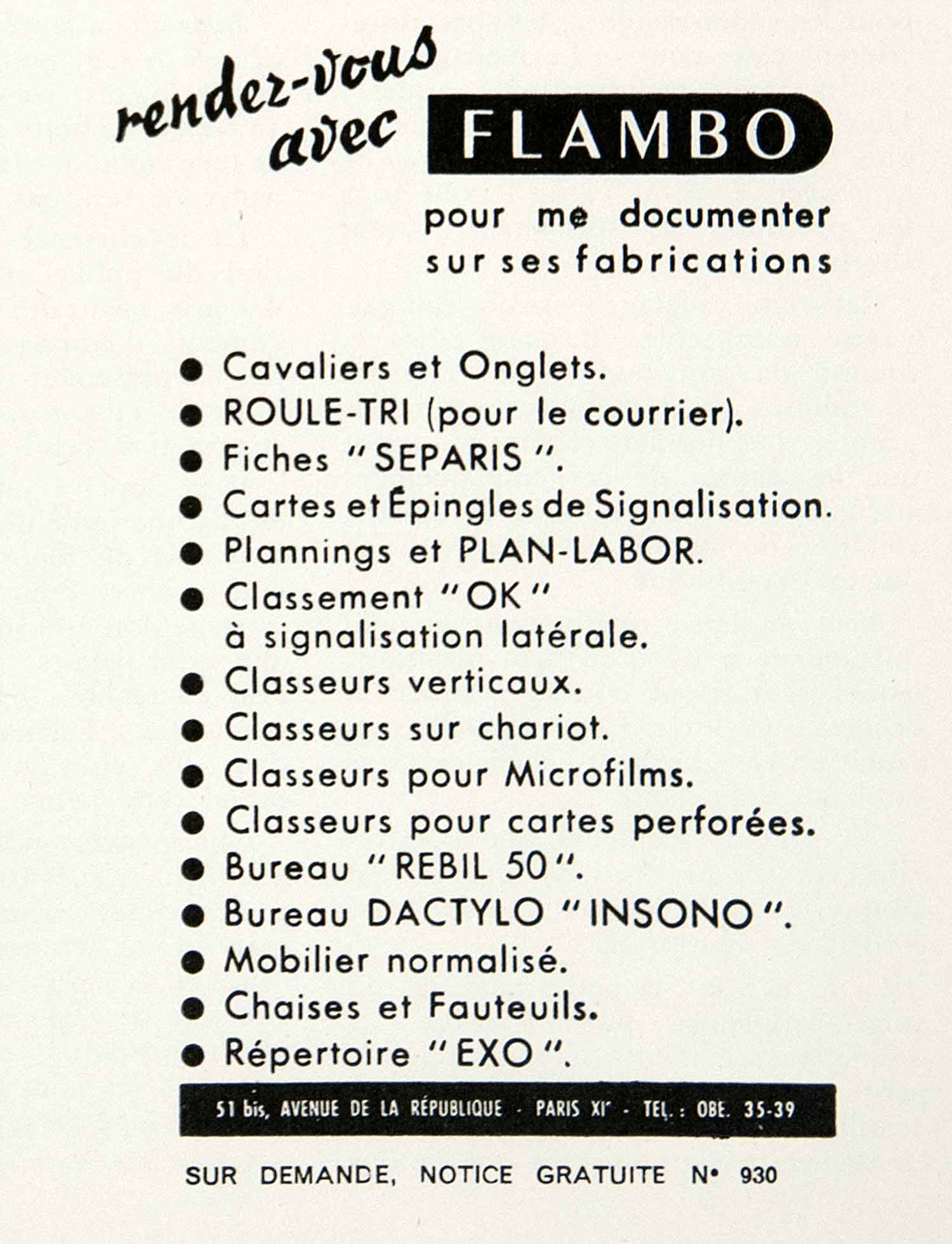 1955 Ad Flambo Paris France Avenue de la Republique French Advertising VEN2