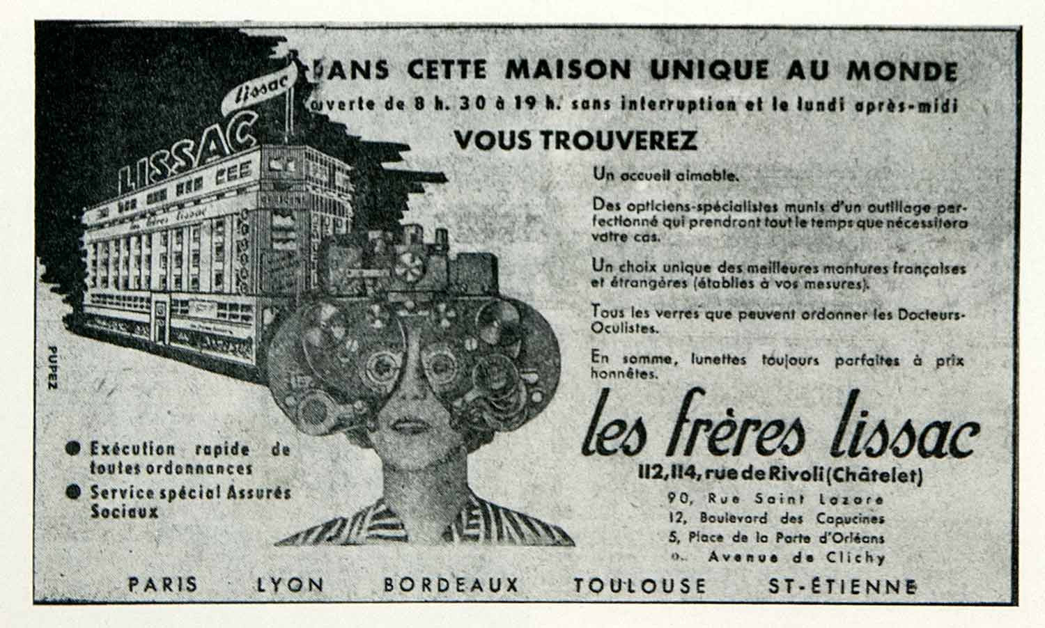 1955 Ad Les Freres Lissac Optical Glasses Eye Care French Advertisement VEN2