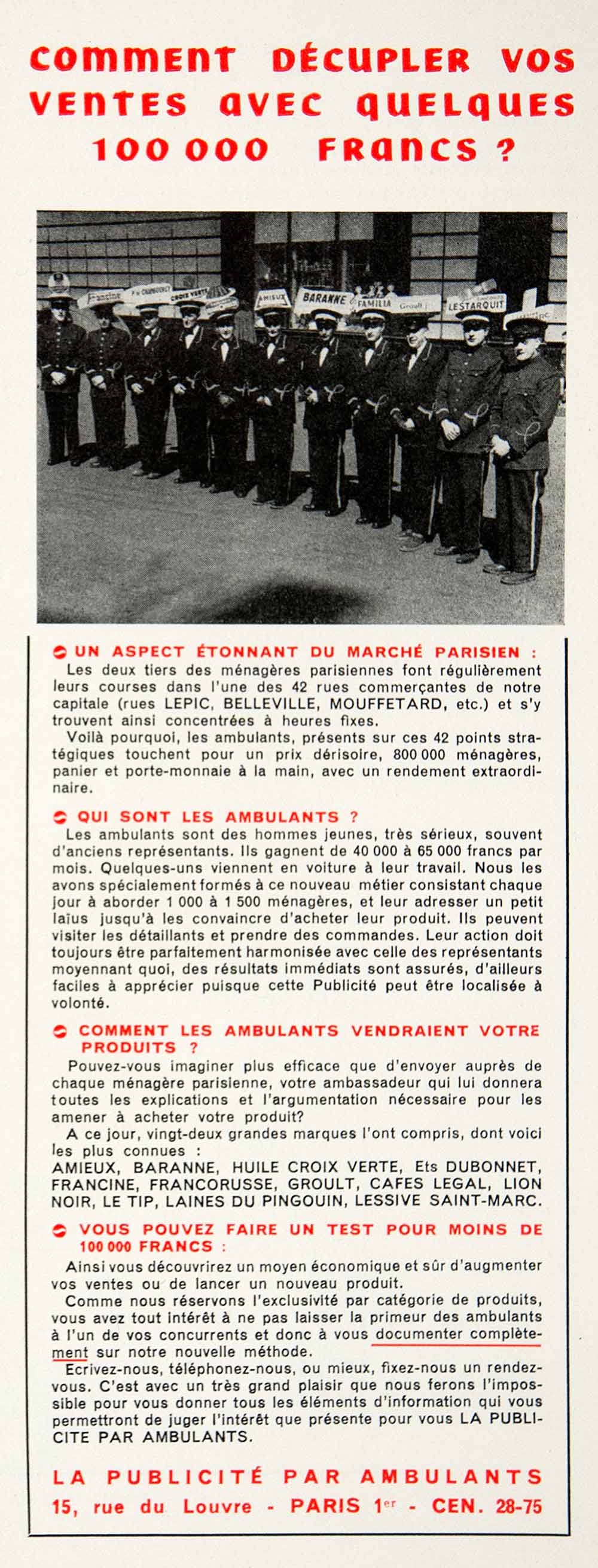 1955 Ad La Publicite Par Ambulants Rue Louvre Paris France French VEN2