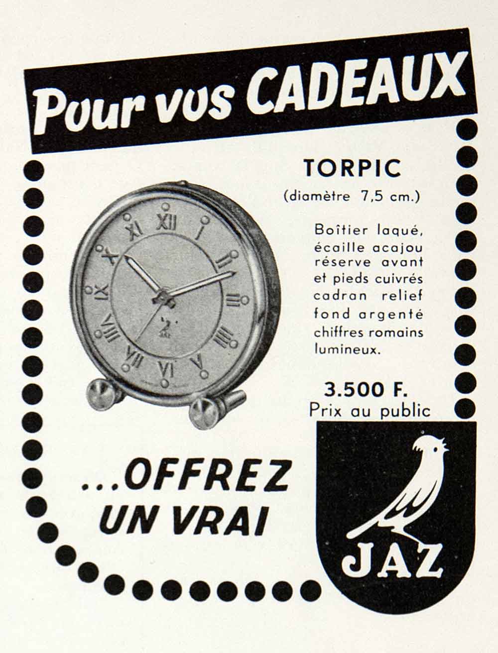 1955 Ad Clock Time JAZ Torpic Cadeaux France French Advertising VEN2