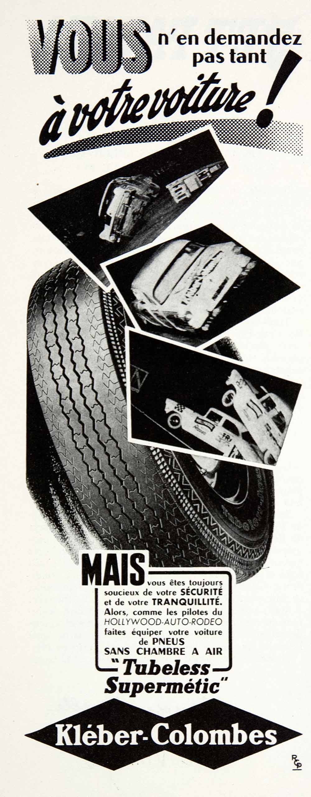 1955 Ad Kleber-Colombes Tire Tubeless Pneumatic Vehicle Car Rodeo Mais VEN2