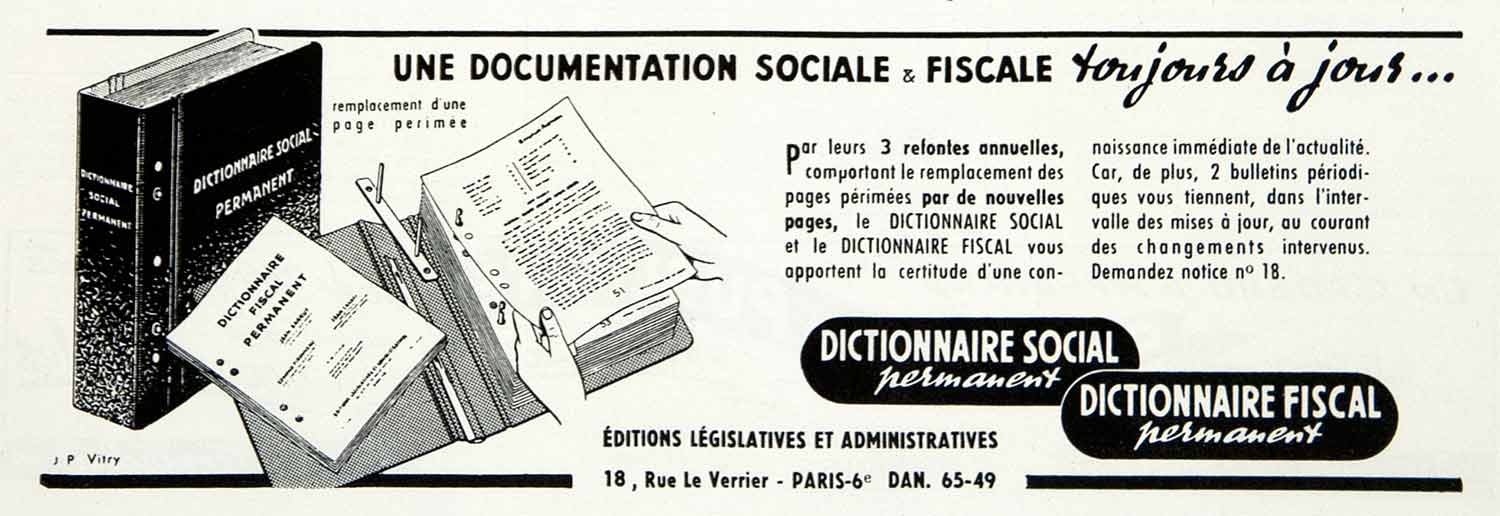 1955 Ad Dictionnaire Social Fiscal Tax Documentation French Advertisement VEN2