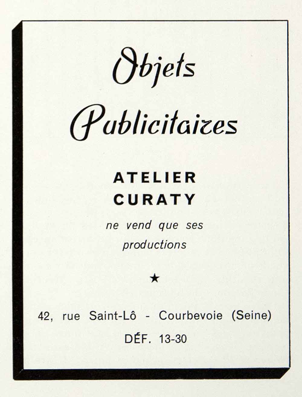1955 Ad Atelier Curaty Objets Publicitaizes Courbevoie Seine French VEN2