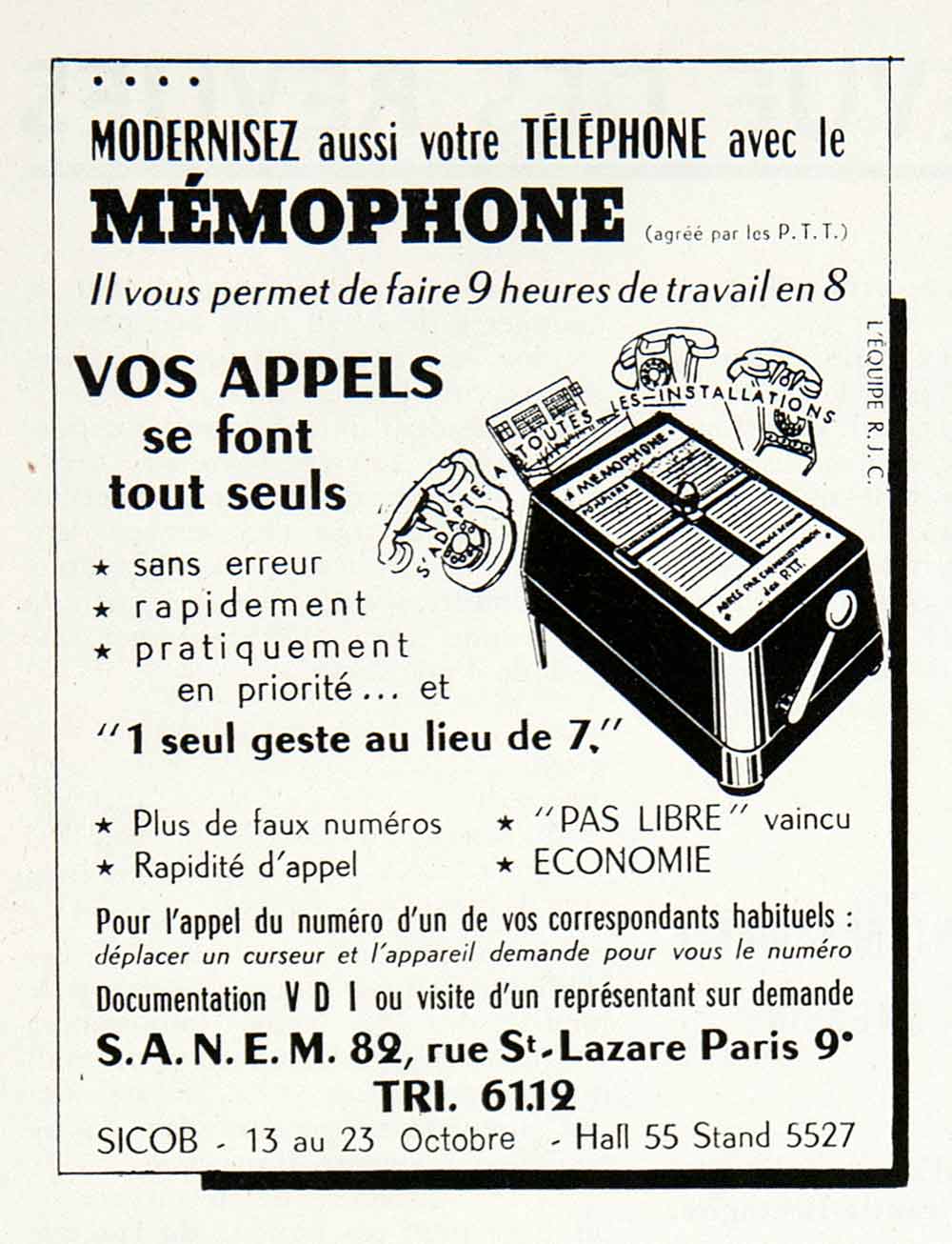 1955 Ad Memophone Telephone French Advertisement Advertising Paris France VEN2
