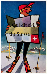 1955 Color Print Switzerland Skiing Boy Pierre Monnerat Poles Blond VEN2