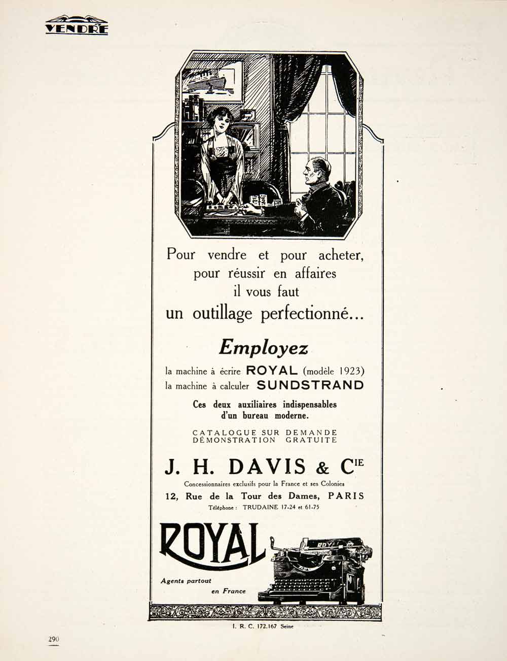 1924 Ad Royal Typewriter Sundstrand French 12 Rue Tour des Dames Paris J VEN3