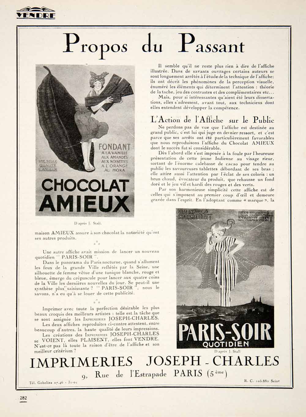 1924 Ad Amieux Chocolat French Paris-Soir Joseph-Charles Printing Firm VEN3