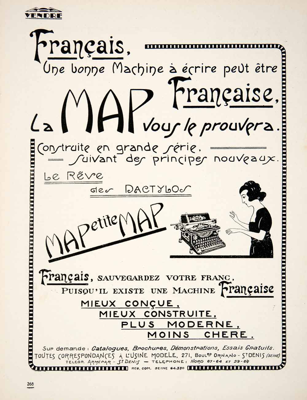 1924 Ad Art Nouveau French Ma Petite MAP Typewriter Typing Dactylos Font VEN3
