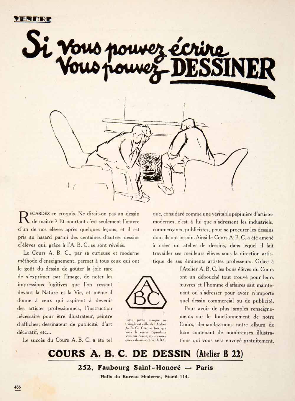 1924 Ad Cours ABC Dessin 252 Faubourg Saint-Honroe Paris Drawing French VEN3
