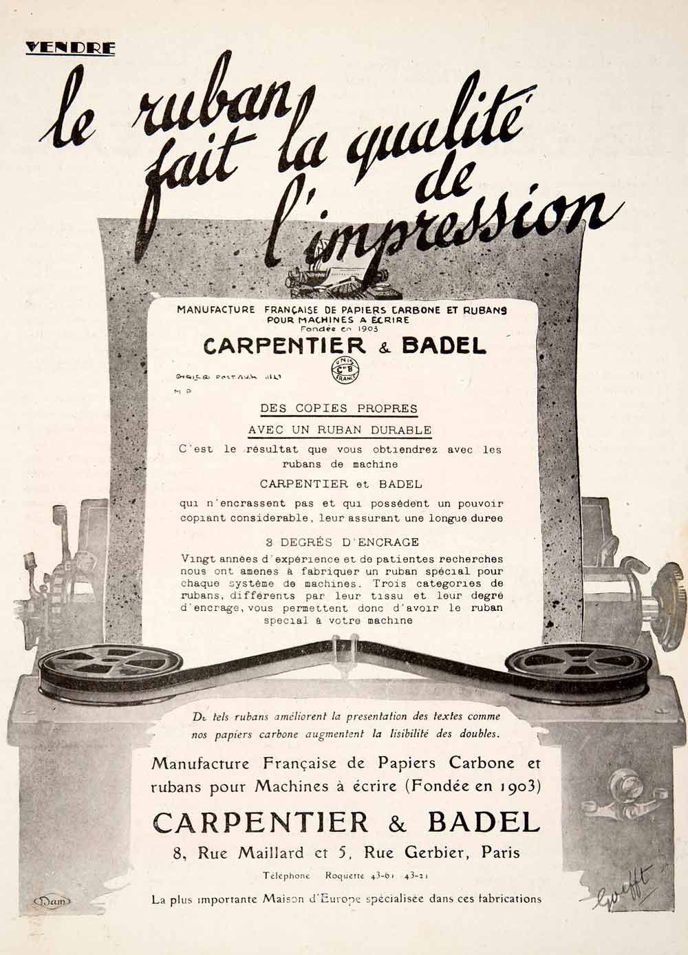 1924 Ad Carpentier Badel 8 Rue Maillard 5 Rue Gerbier Paris Typewriter VEN3