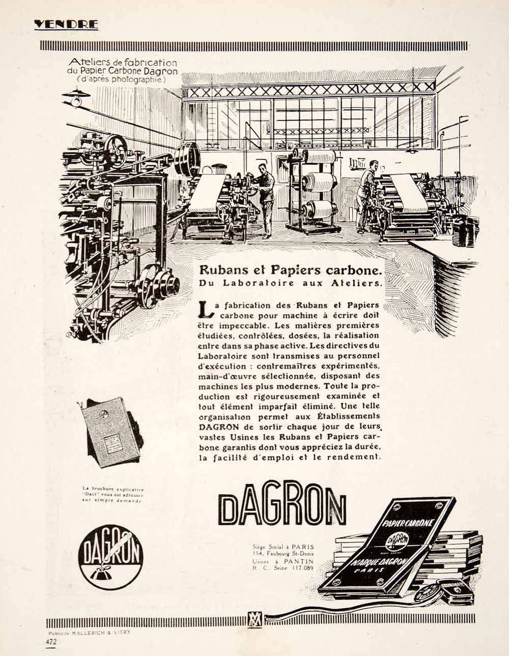 1924 Ad Dagron 154 Faubourg St-Denis Carbon Paper Typewriter Ribbons VEN3