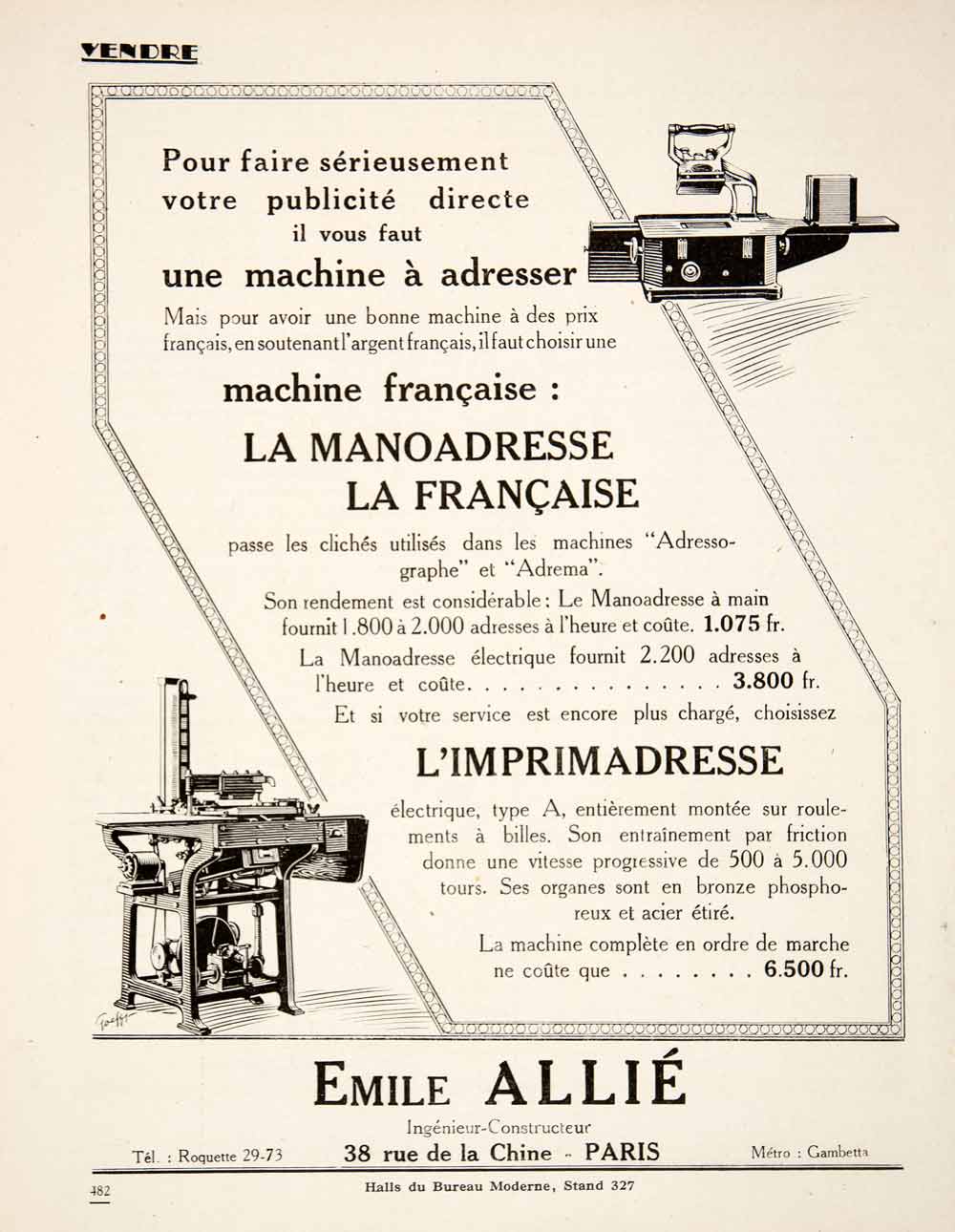 1924 Ad Emile Allie 38 Rue de la Chine Paris Manoadresse Imprimadresse VEN3