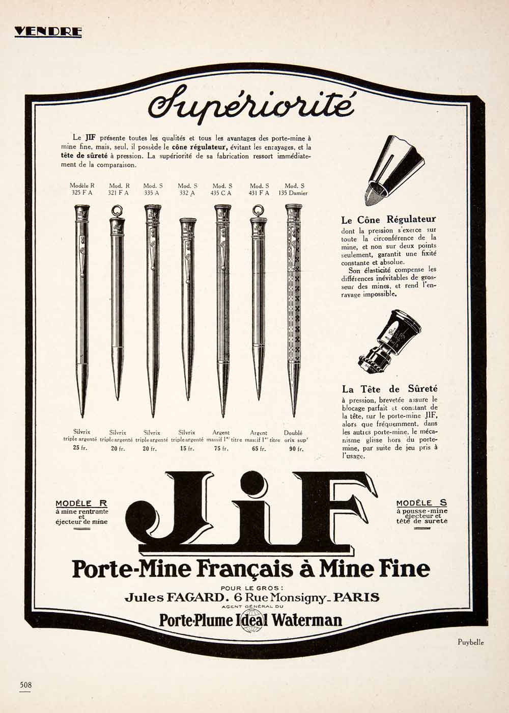 1924 Ad Jif Mechanical Pencil Silvrix Jules Fagard 6 Rue Monsigny Paris VEN3