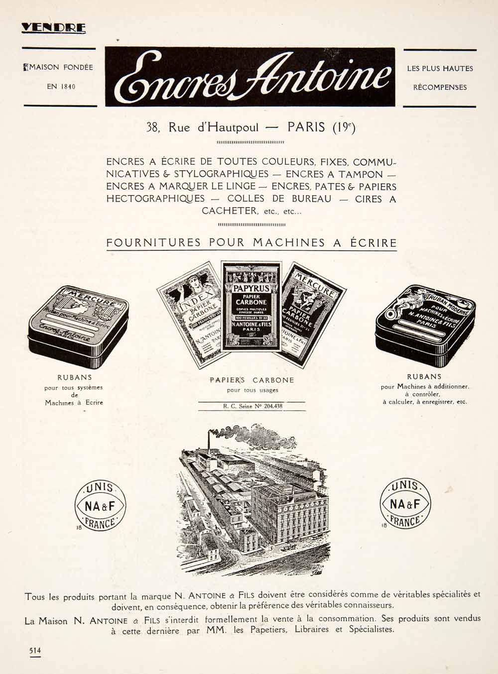 1924 Ad Encres Antoine Carbon Paper Typewriter Ribbon 38 Rue D'Hautpoul VEN3