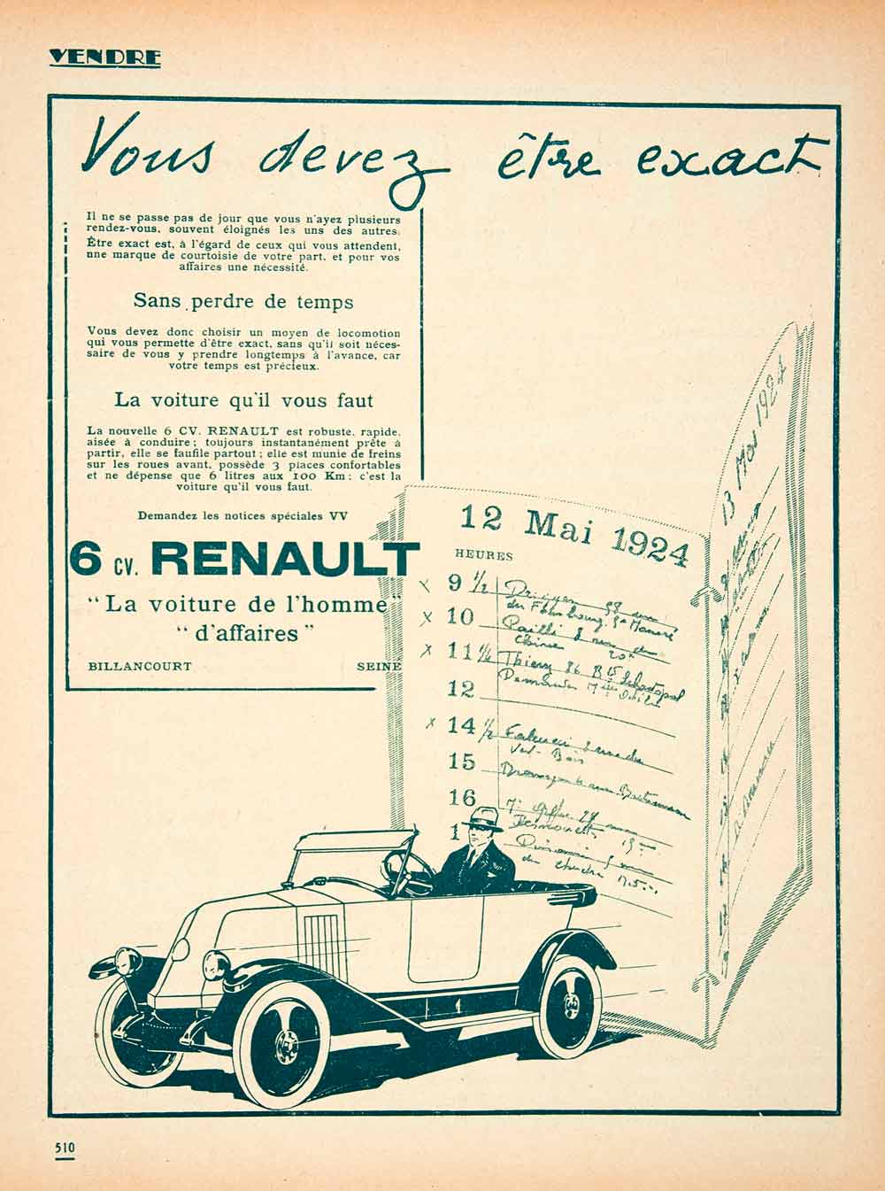 1924 Lithograph Ad Renault 6 CV Billancourt Automatic Car Transportation VEN3