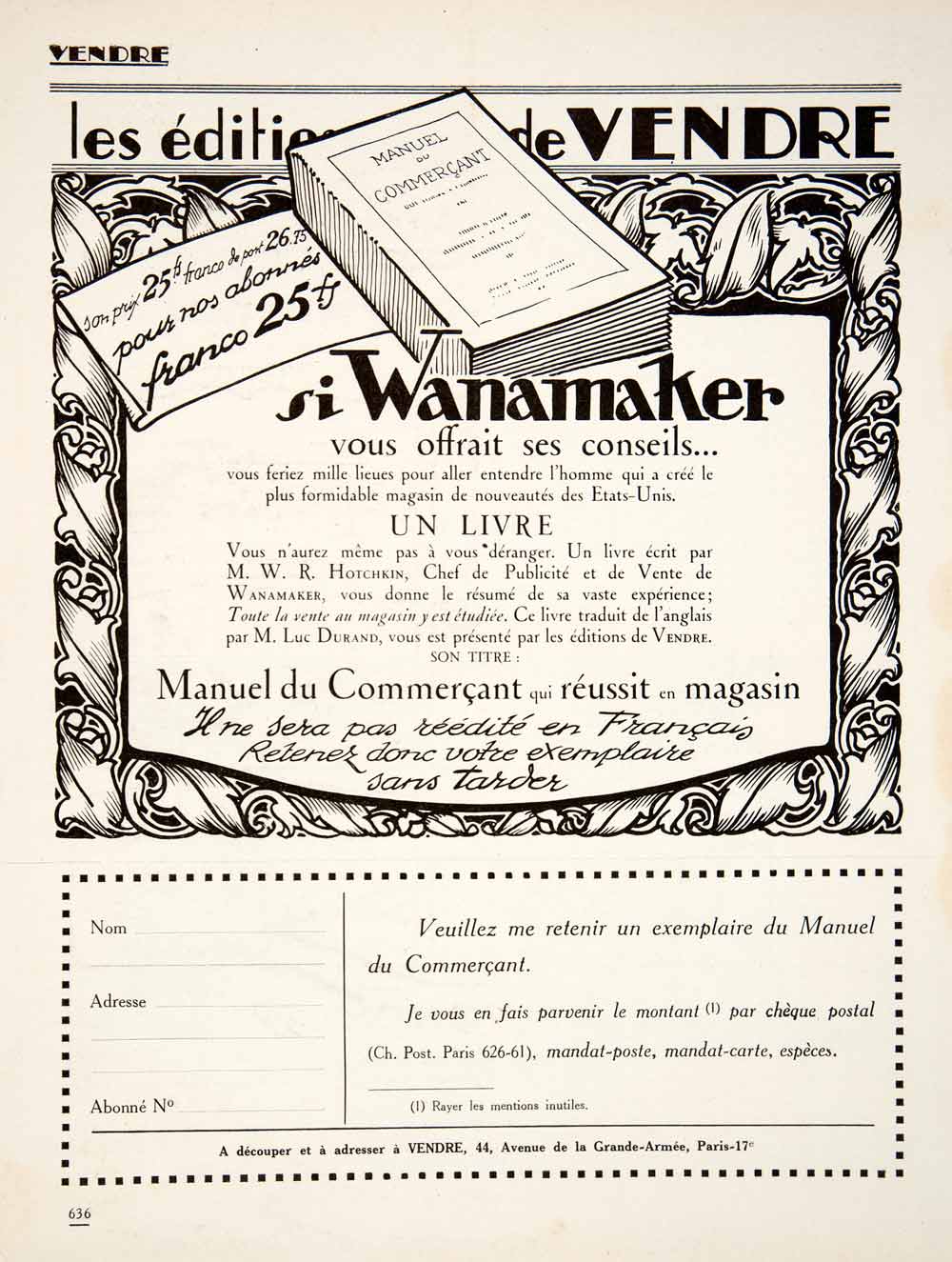 1924 Ad Wanamaker 44 Avenue de la Grande-Armee Paris Hotchkin Luc Durand VEN3