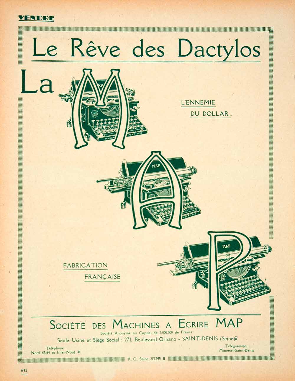 1924 Lithograph Ad MAP Typewriter 271 Boulevard Ornano Saint-Denis French VEN3