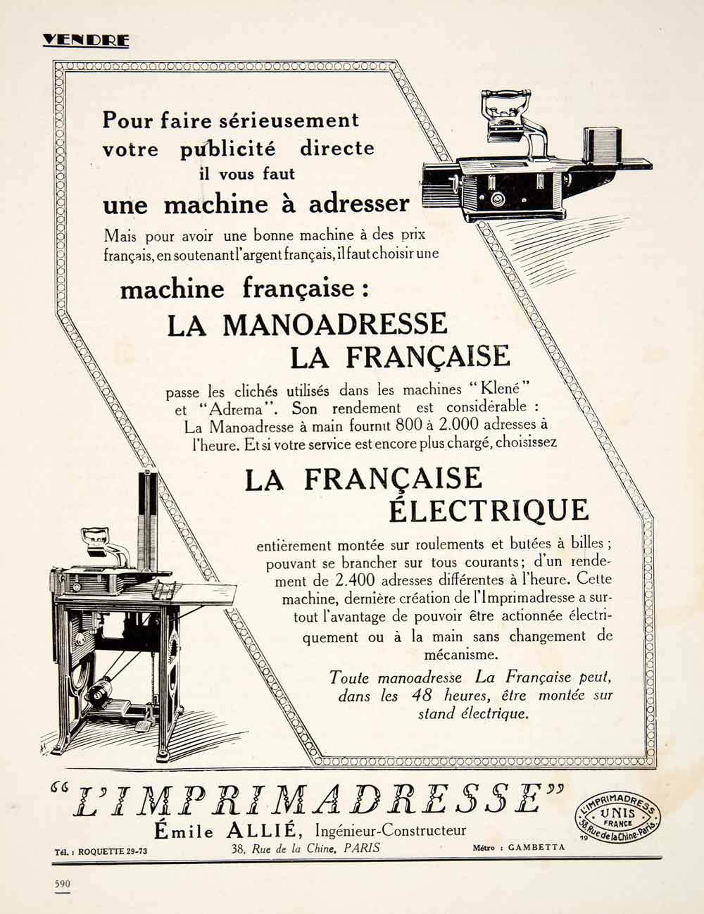 1924 Ad Imprimadresse Emile Allie 38 Rue Chine Paris Machine Invention VEN3