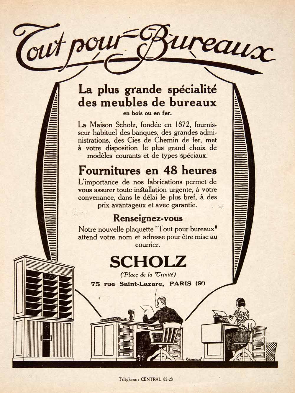 1924 Lithograph Ad Scholz Office Furniture French 75 Rue Saint-Lazare Paris VEN3