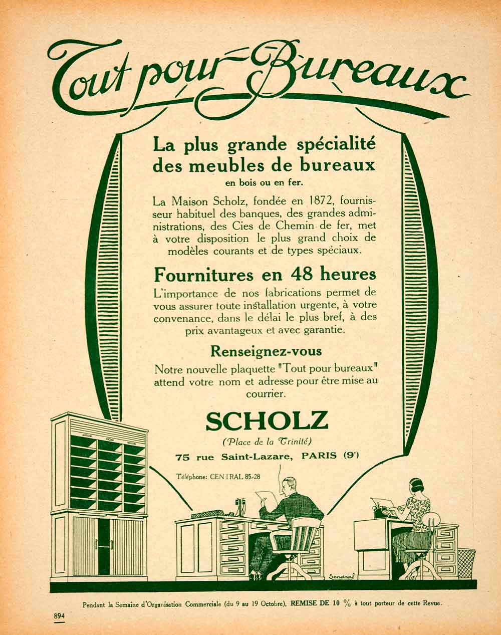 1924 Lithograph Ad Scholz Furniture 75 Rue Saint-Lazare Paris Desk French VEN3