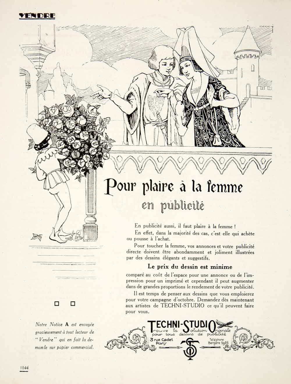1924 Ad Techni-Studio Medieval Advertising French Roses Dame Lady Knight VEN3