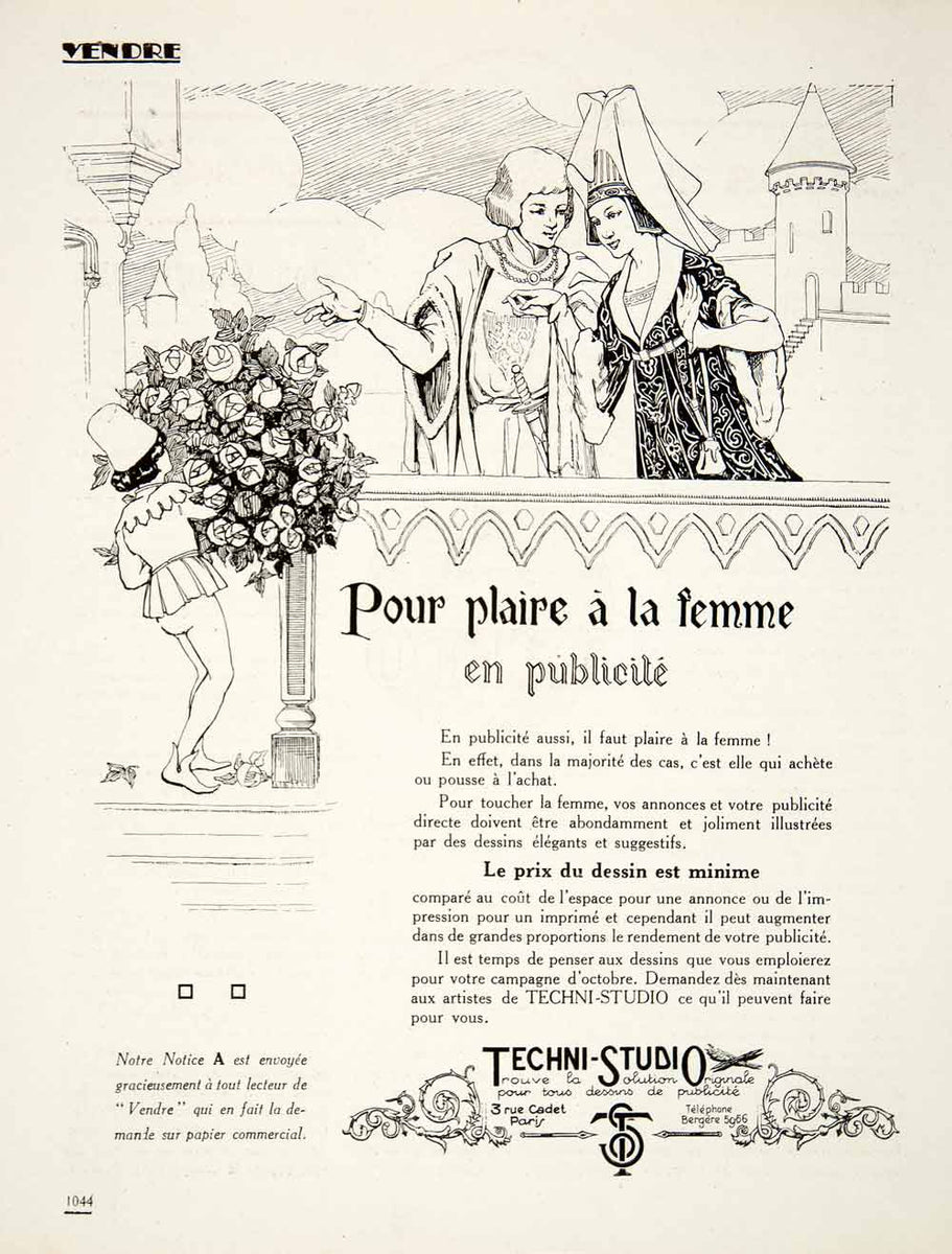 1924 Ad Techni-Studio Medieval Advertising French Roses Dame Lady Knig ...