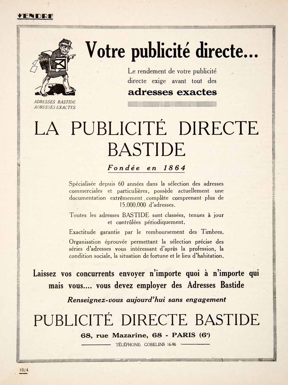 1924 Ad Publicite Directe Bastide 68 Rue Mazarine Paris French Advertising VEN3