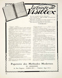 1924 Ad Visiblex Dequeker Papetrie Methods Modernes Filing Folio Notebook VEN3