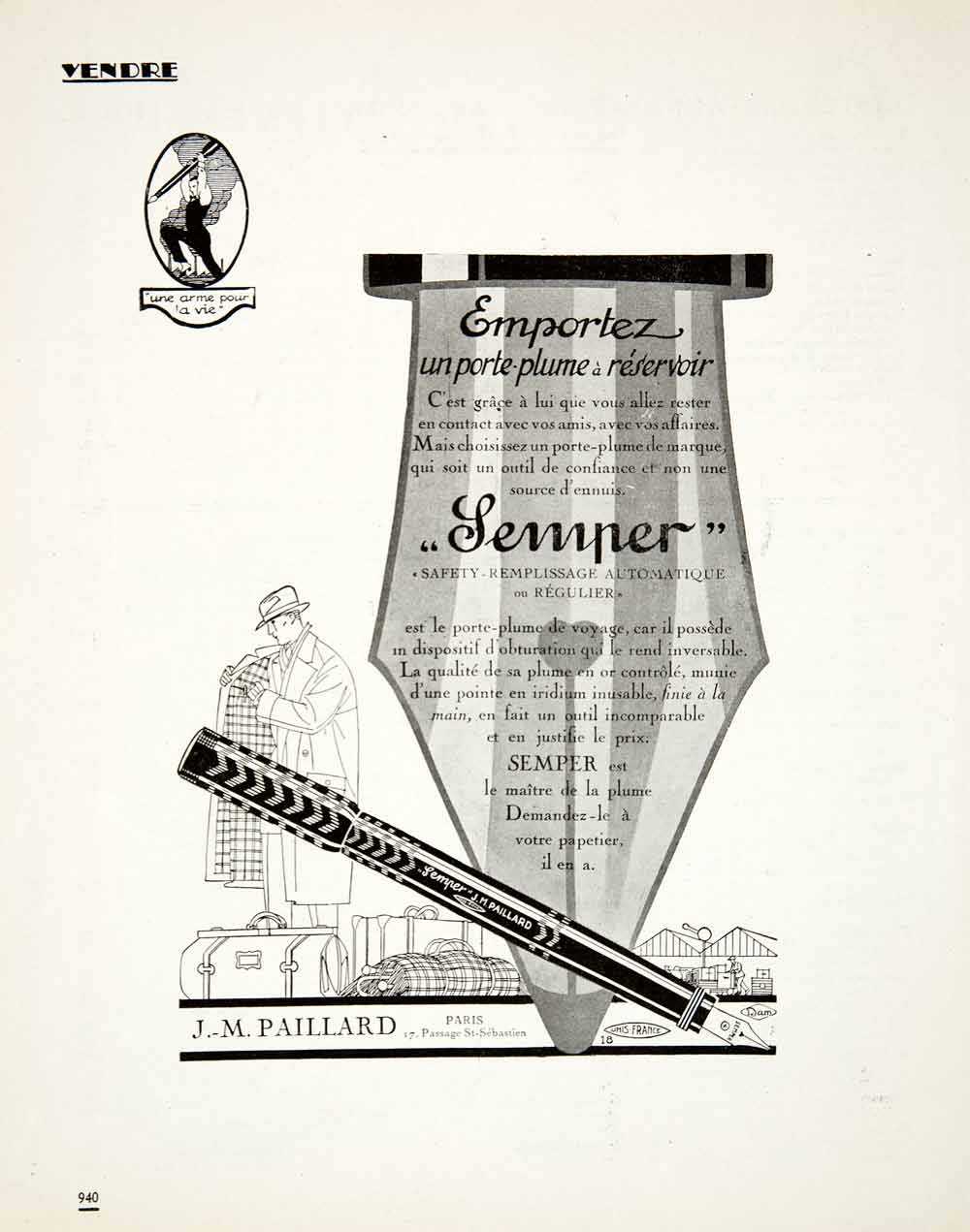 1924 Ad Paillard Nib Semper Fountain Pen Iridium Writing Utensil French VEN3